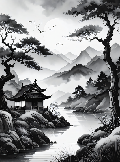 Echoes of Silence: Monochrome Zen Lakeside Pagoda Art