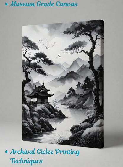 Echoes of Silence: Monochrome Zen Lakeside Pagoda Art