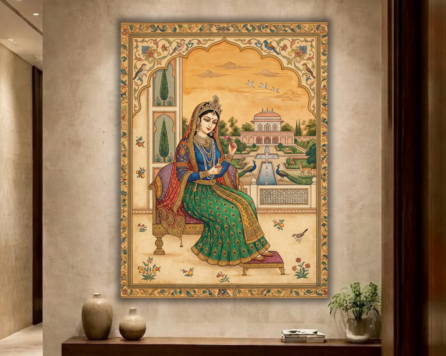 Majestic Heritage: Royal Indian Queen in Palace Garden Canvas Art