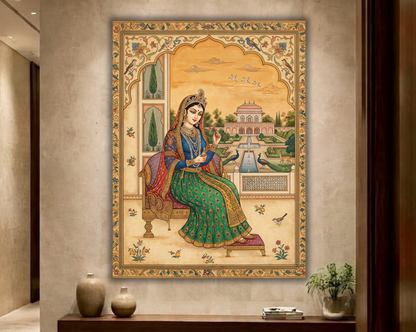 Majestic Heritage: Royal Indian Queen in Palace Garden Canvas Art