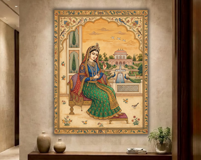 Majestic Heritage: Royal Indian Queen in Palace Garden Canvas Art