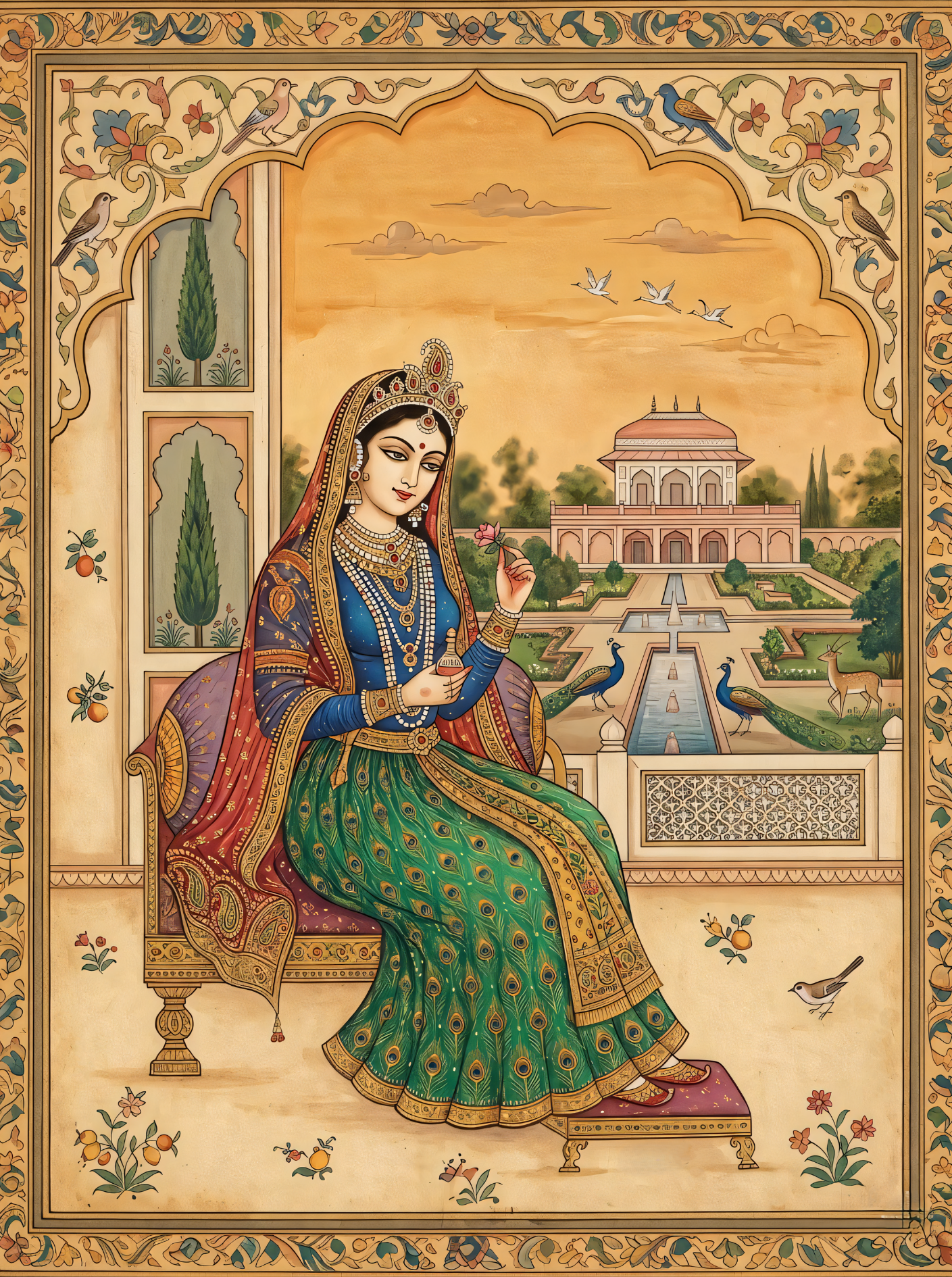 Majestic Heritage: Royal Indian Queen in Palace Garden Canvas Art
