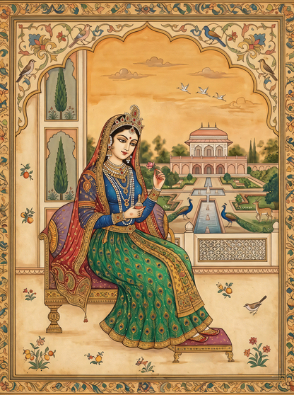 Majestic Heritage: Royal Indian Queen in Palace Garden Canvas Art