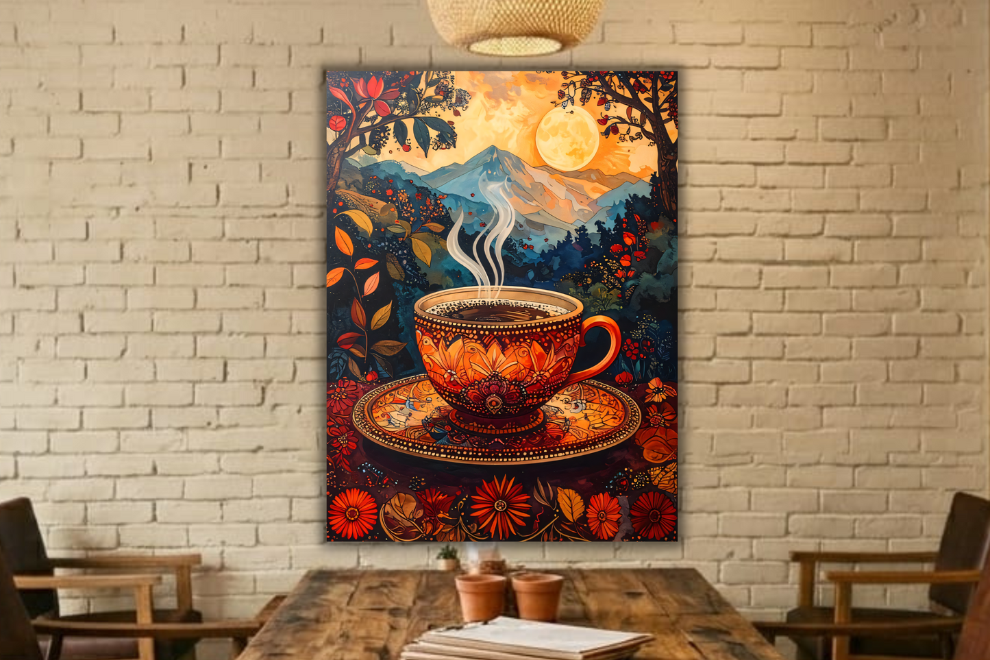 Whimsical Morning: Enchanted Coffee & Mountain Sunset Canvas Art