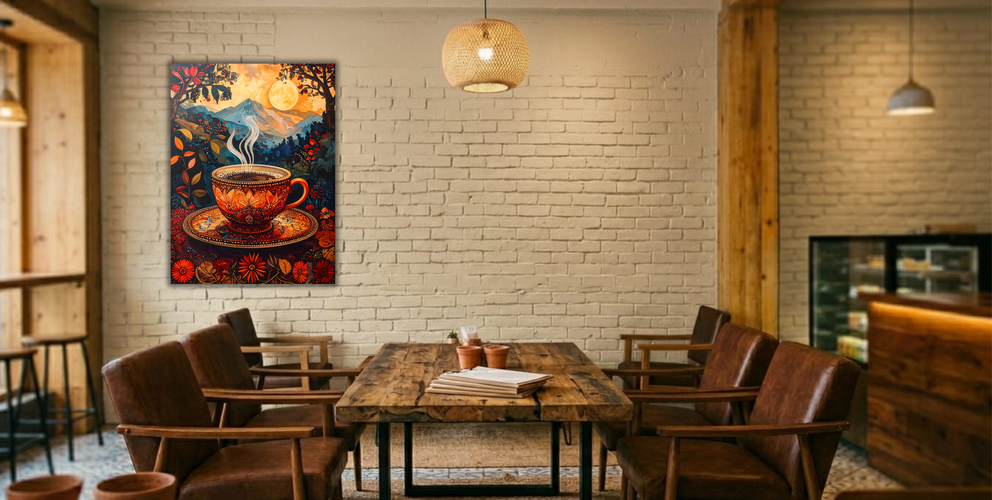 Whimsical Morning: Enchanted Coffee & Mountain Sunset Canvas Art