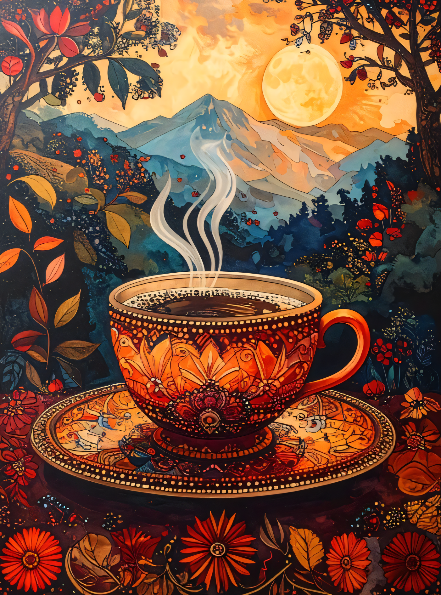 Whimsical Morning: Enchanted Coffee & Mountain Sunset Canvas Art