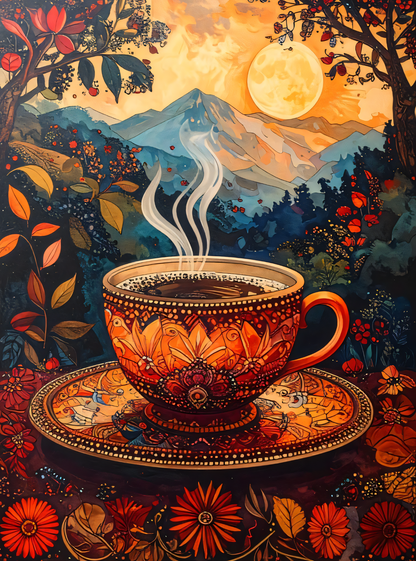 Whimsical Morning: Enchanted Coffee & Mountain Sunset Canvas Art