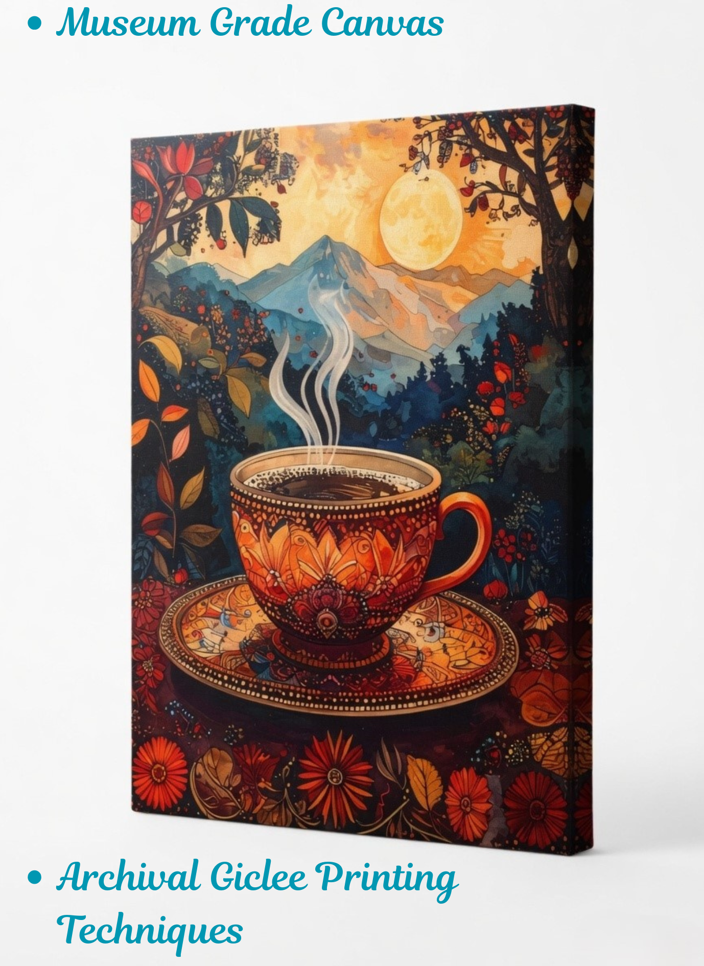 Whimsical Morning: Enchanted Coffee & Mountain Sunset Canvas Art