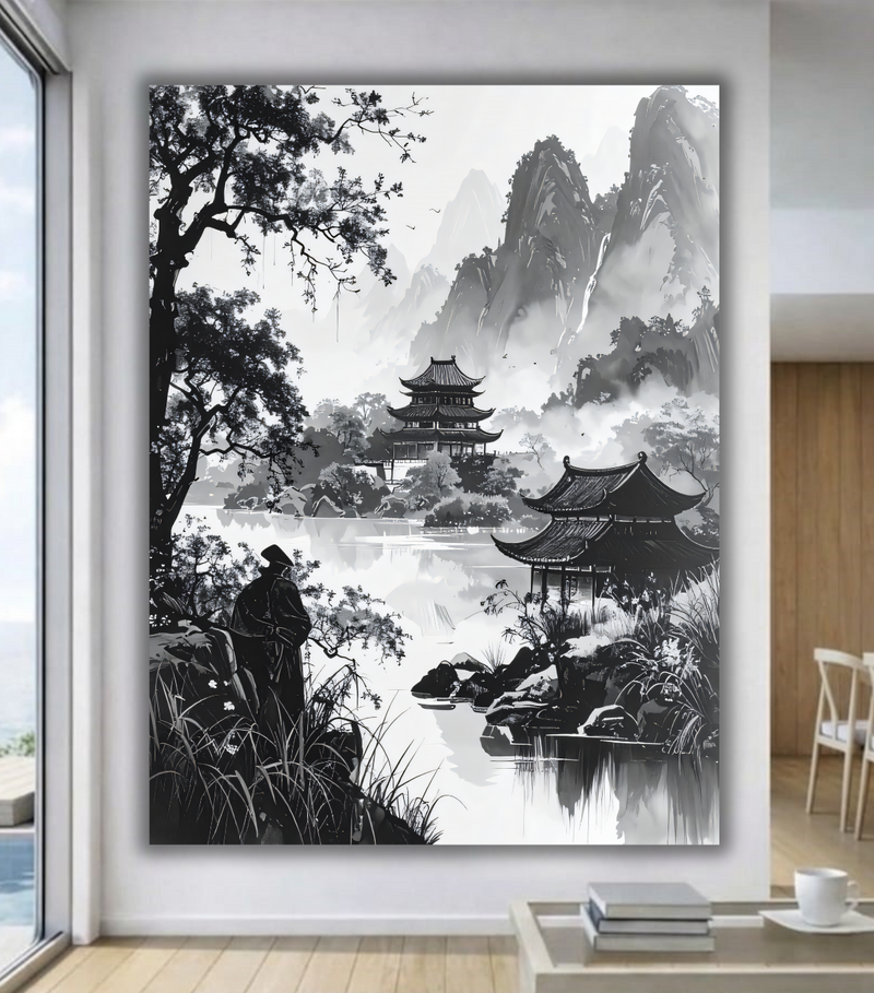 Serene Path: Monochrome Zen Pagoda Canvas Art