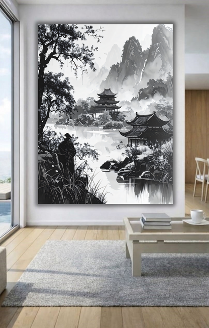 Serene Path: Monochrome Zen Pagoda Canvas Art