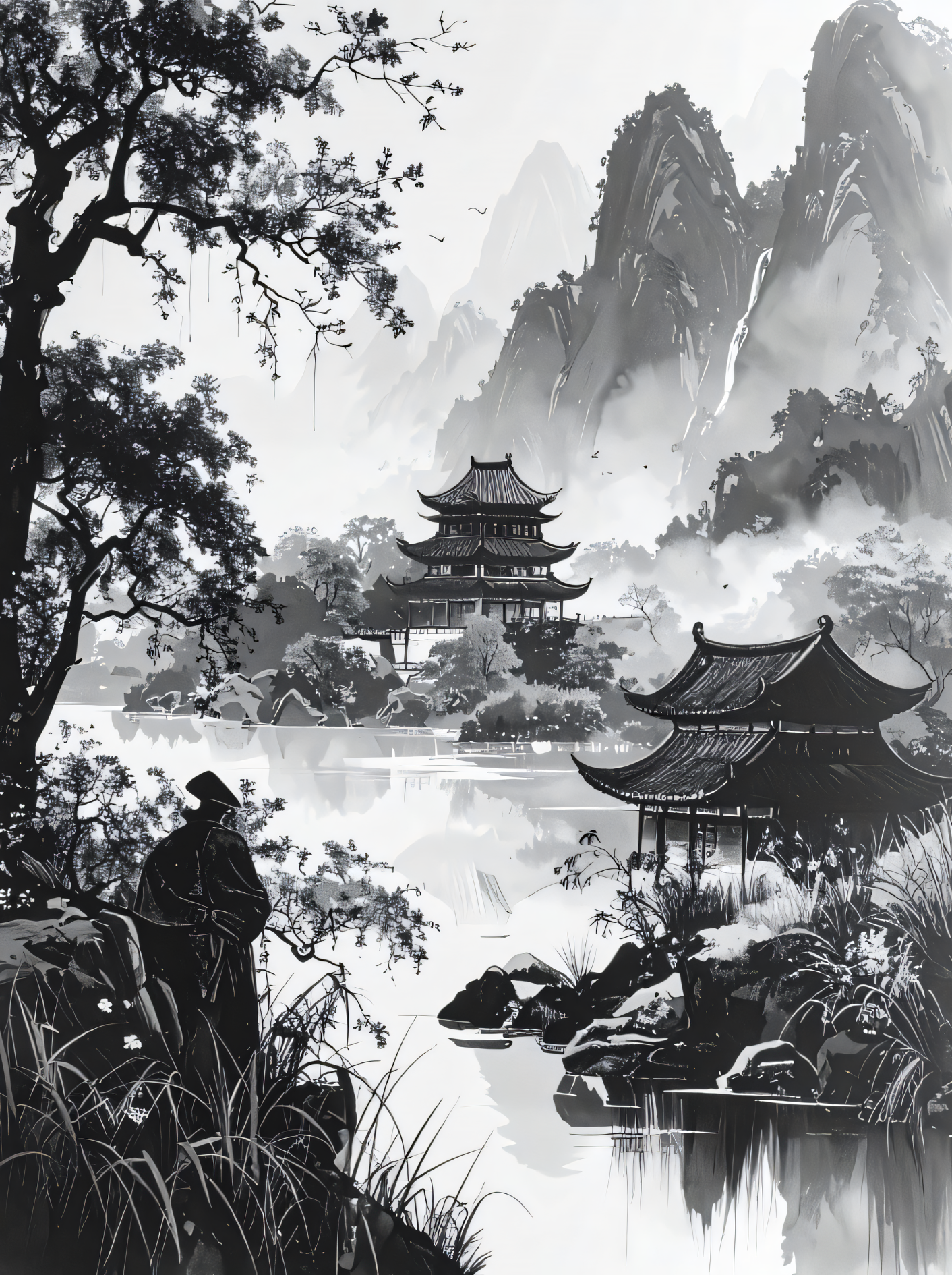 Serene Path: Monochrome Zen Pagoda Canvas Art