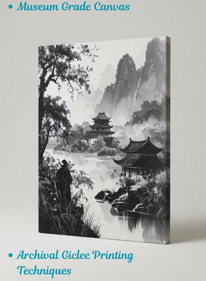 Serene Path: Monochrome Zen Pagoda Canvas Art