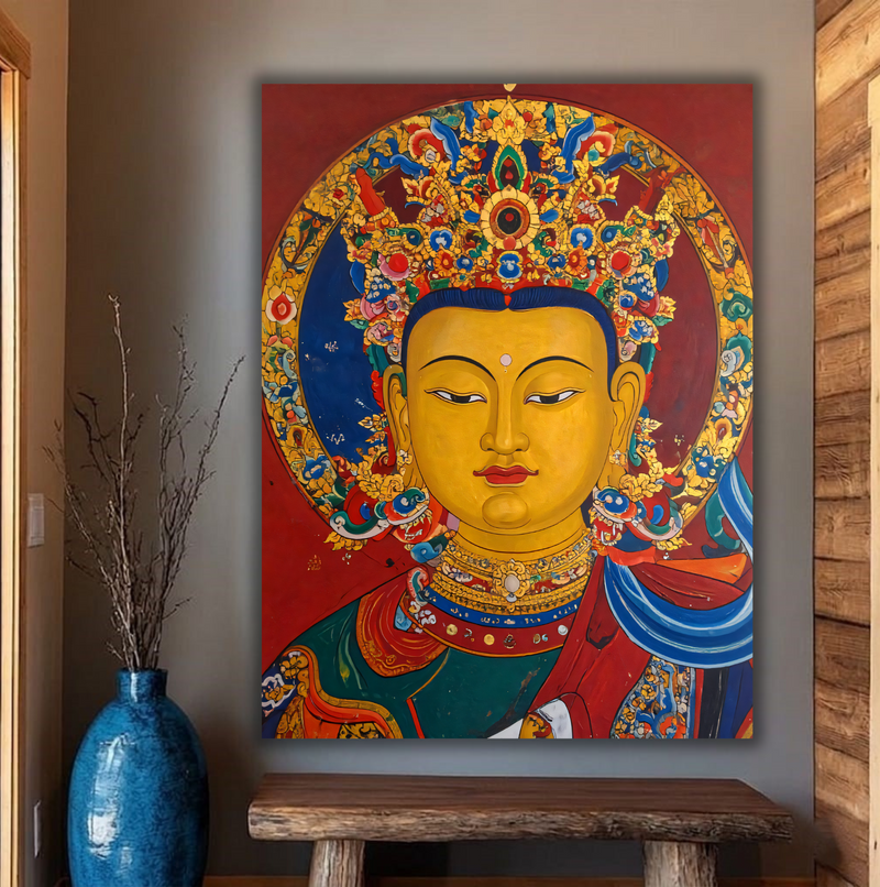 Divine Compassion: Thangka-Inspired Golden Buddha Canvas Art