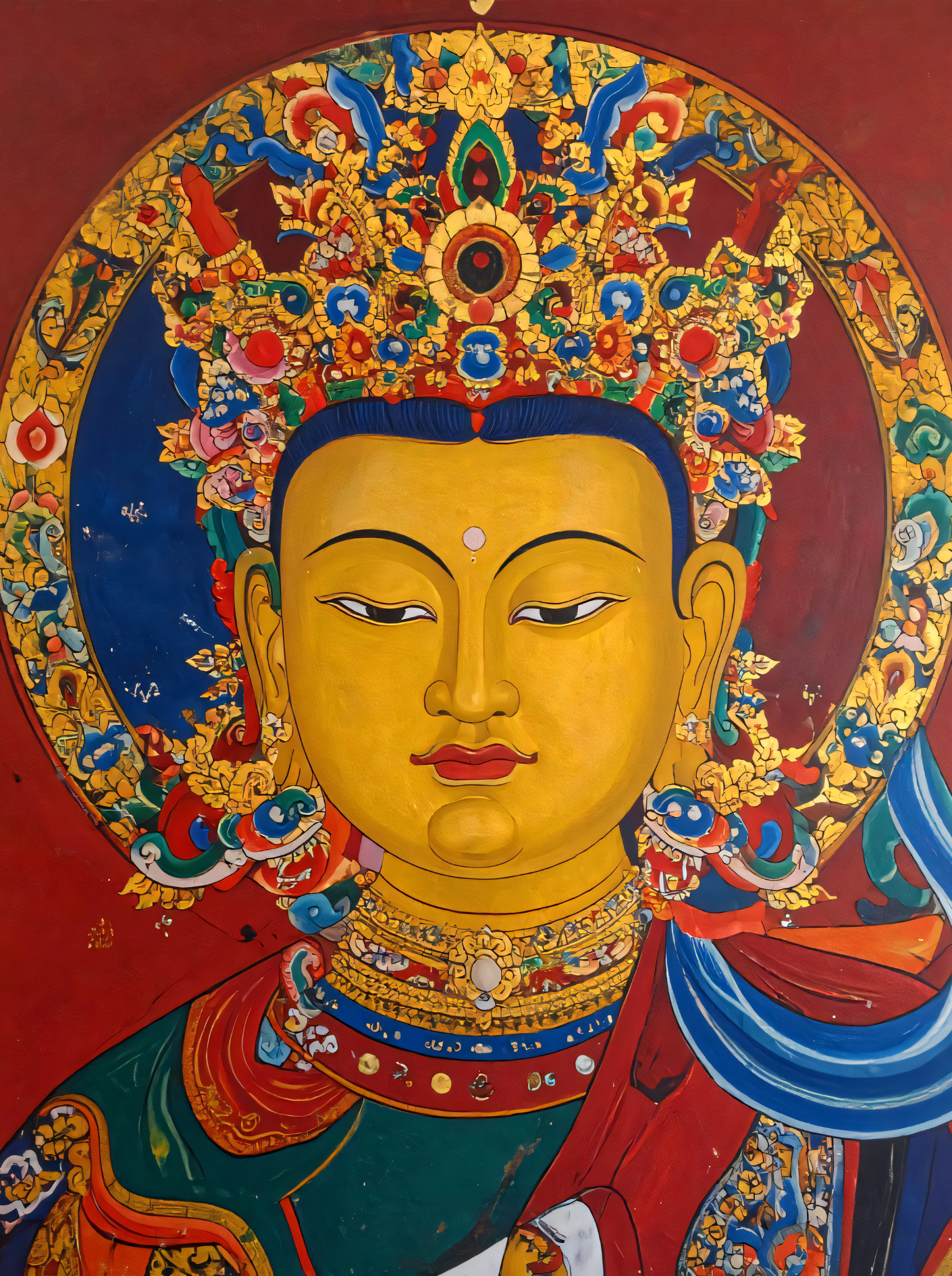 Divine Compassion: Thangka-Inspired Golden Buddha Canvas Art