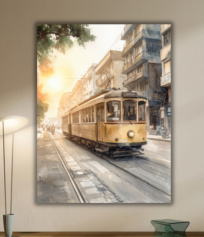 Vintage Kolkata: Heritage Tram Watercolor Canvas Art