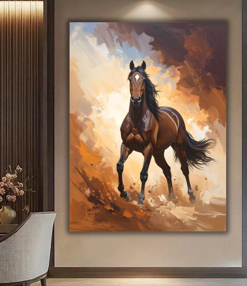 Untamed Spirit: Galloping Bay Stallion Expressionist Canvas Art