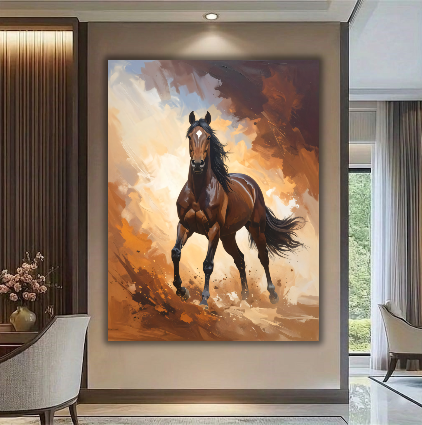 Untamed Spirit: Galloping Bay Stallion Expressionist Canvas Art