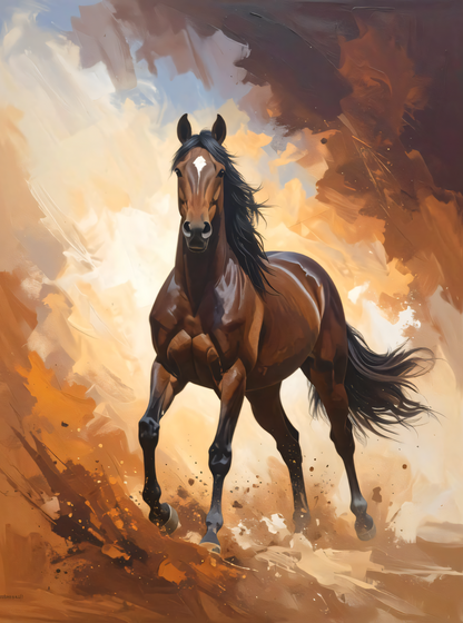 Untamed Spirit: Galloping Bay Stallion Expressionist Canvas Art