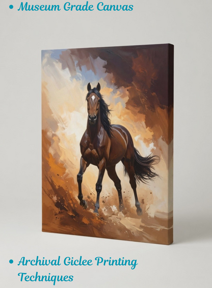 Untamed Spirit: Galloping Bay Stallion Expressionist Canvas Art