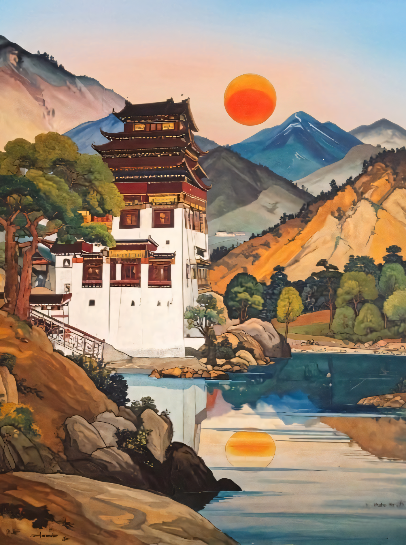 Himalayan Serenity: Tibetan Monastery at Sunset Canvas Art