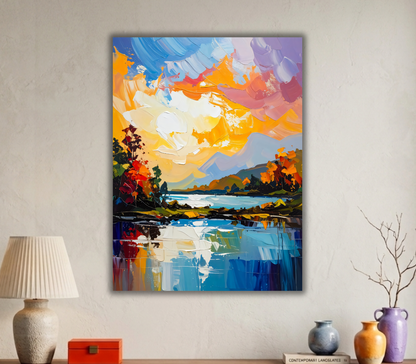 Azure Horizon: Vibrant Impasto Lakeside Canvas Art