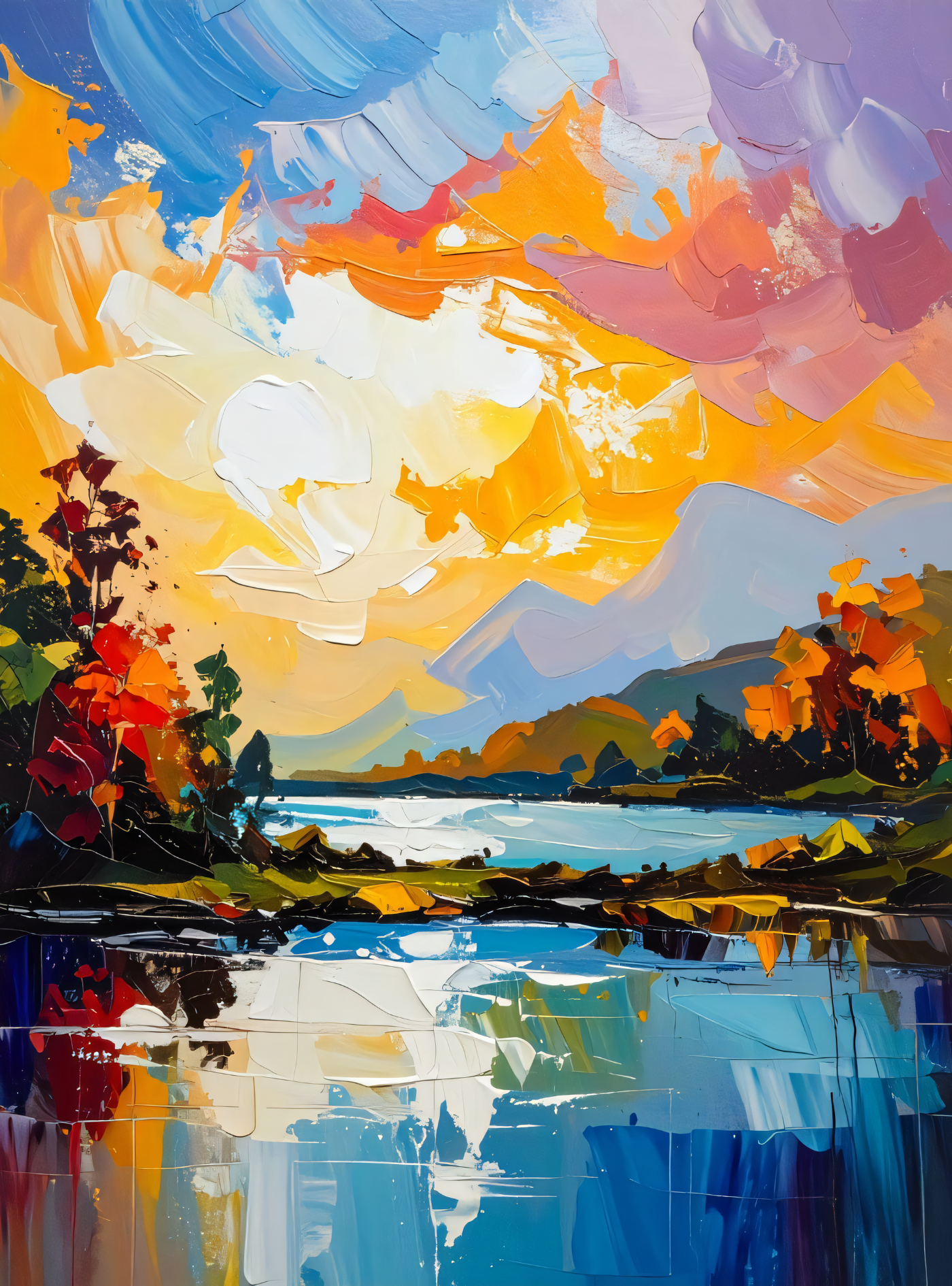 Azure Horizon: Vibrant Impasto Lakeside Canvas Art