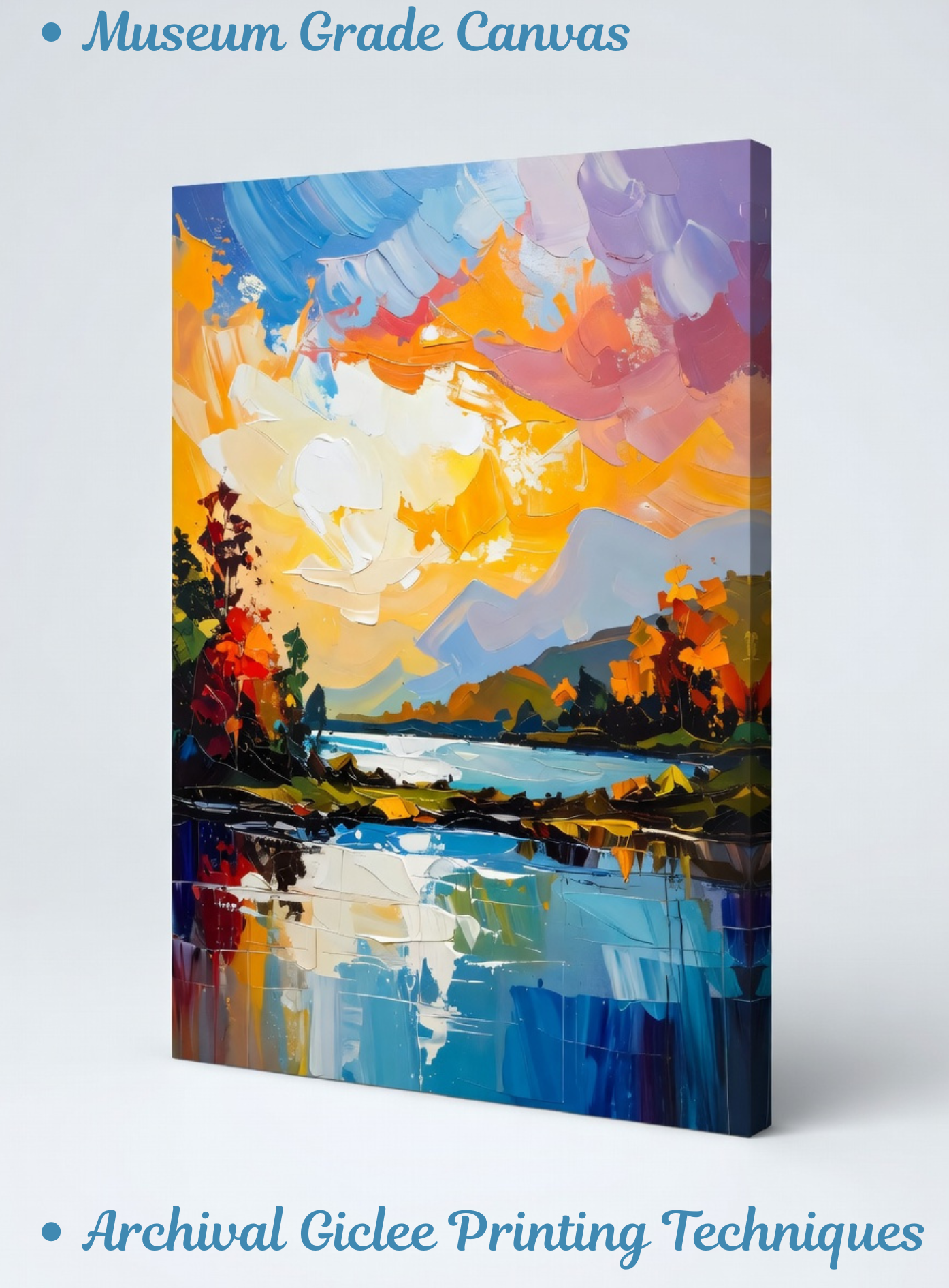 Azure Horizon: Vibrant Impasto Lakeside Canvas Art