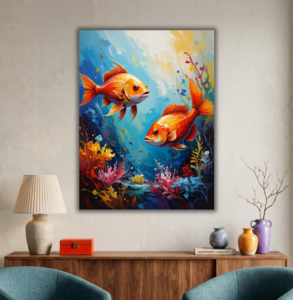 Golden Duo: Impressionist Koi & Coral Reef