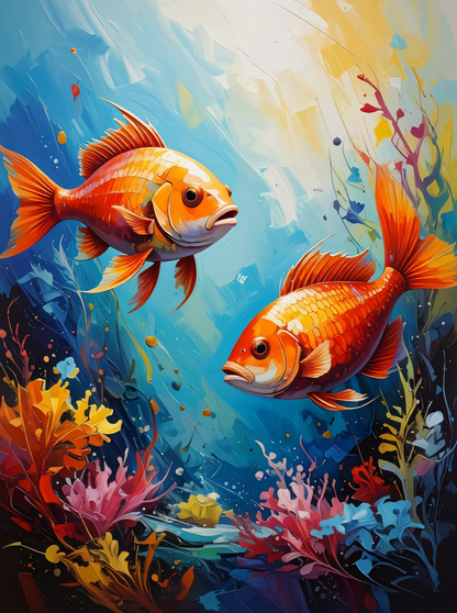 Golden Duo: Impressionist Koi & Coral Reef