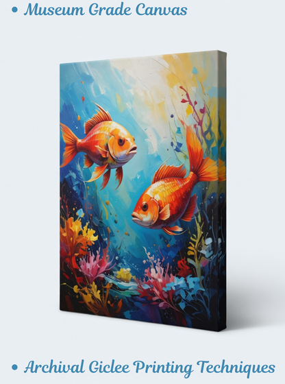 Golden Duo: Impressionist Koi & Coral Reef