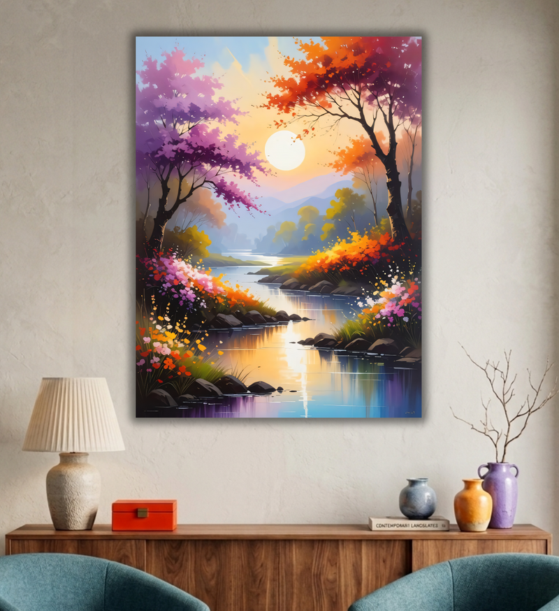 Sunlit Bloom: Enchanted River Sunset