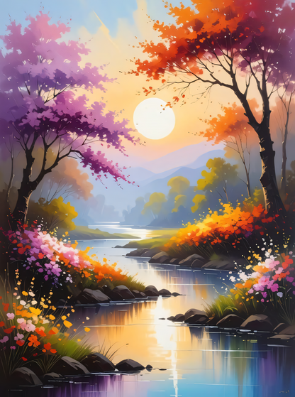Sunlit Bloom: Enchanted River Sunset