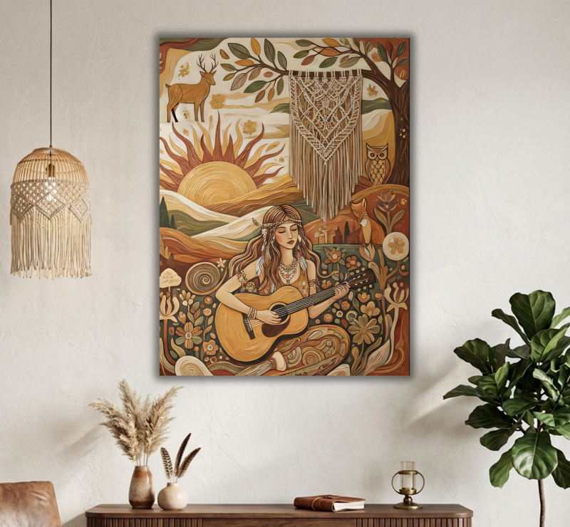 Boho Melody: Earth-Toned Folk Art Canvas