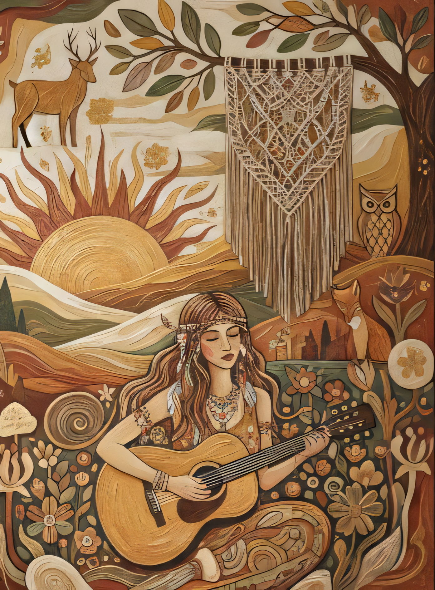 Boho Melody: Earth-Toned Folk Art Canvas