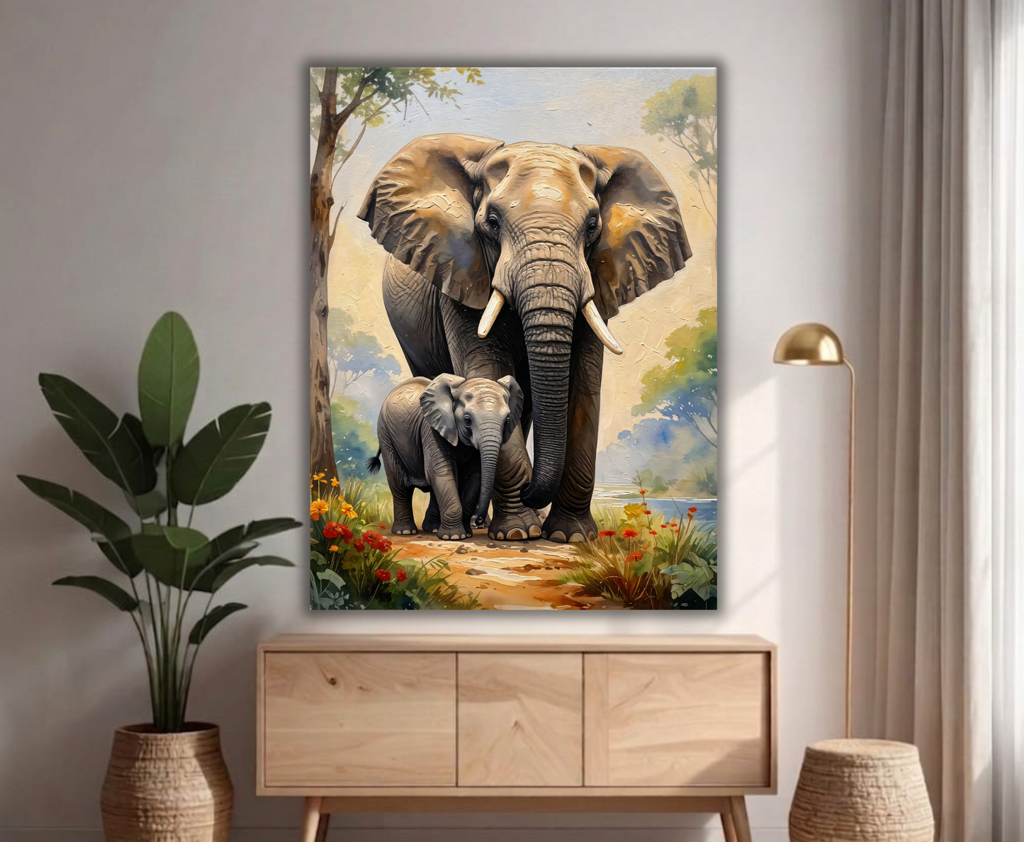 Gentle Giants: Elephant Matriarch & Calf Canvas Art