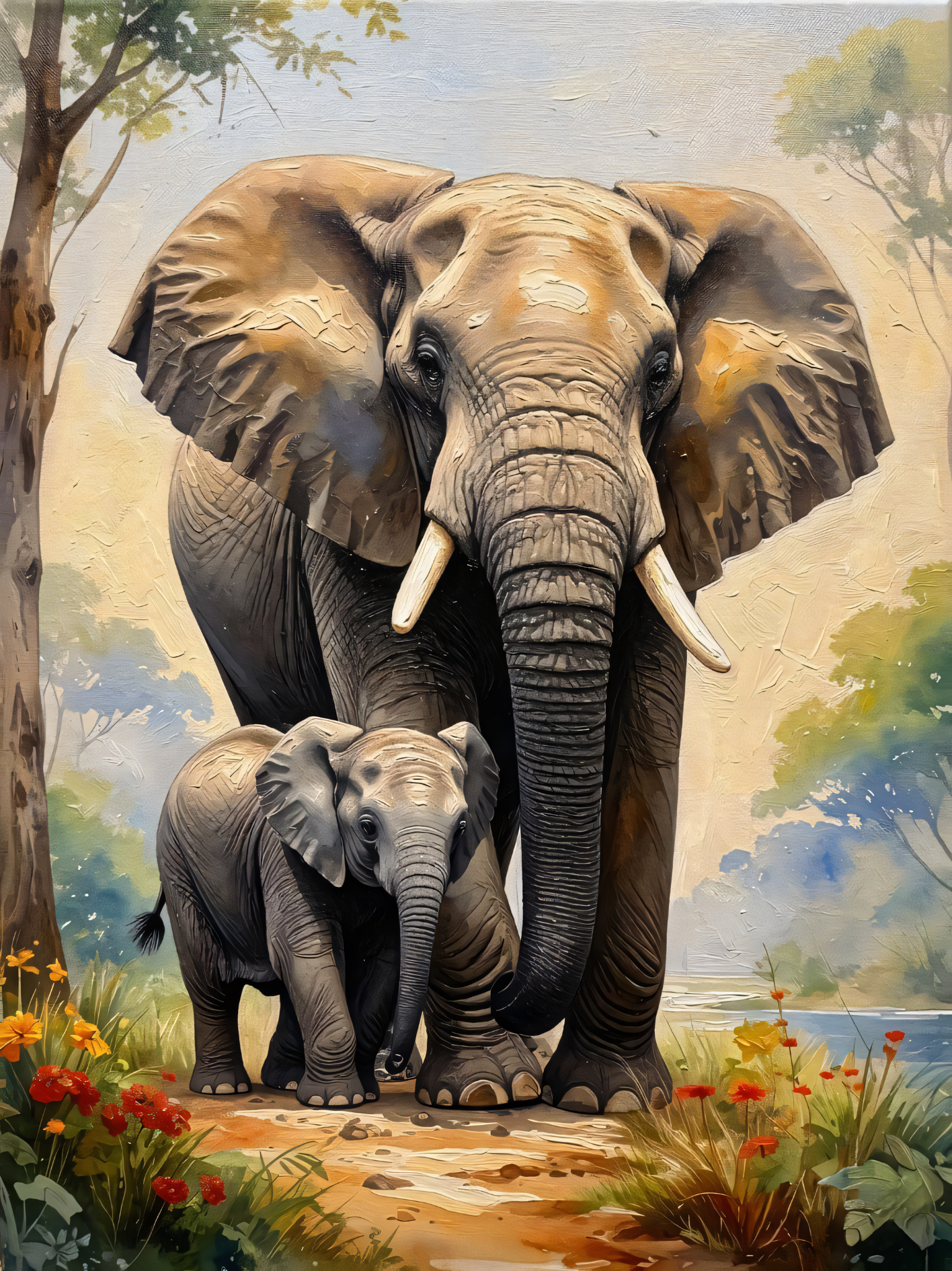 Gentle Giants: Elephant Matriarch & Calf Canvas Art