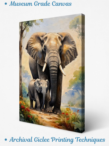 Gentle Giants: Elephant Matriarch & Calf Canvas Art