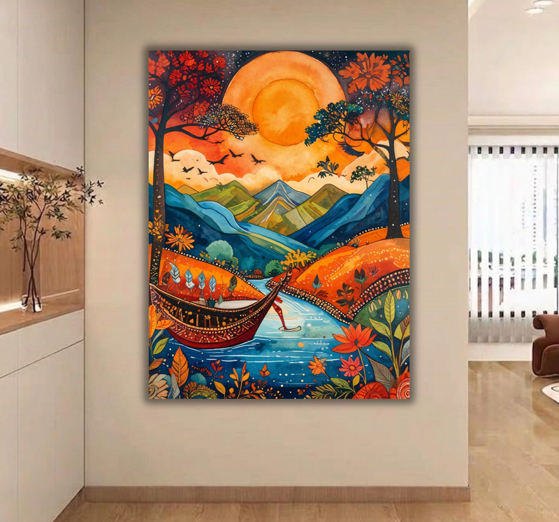 Golden Horizon: Enchanted River Journey Canvas Art