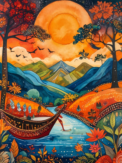 Golden Horizon: Enchanted River Journey Canvas Art