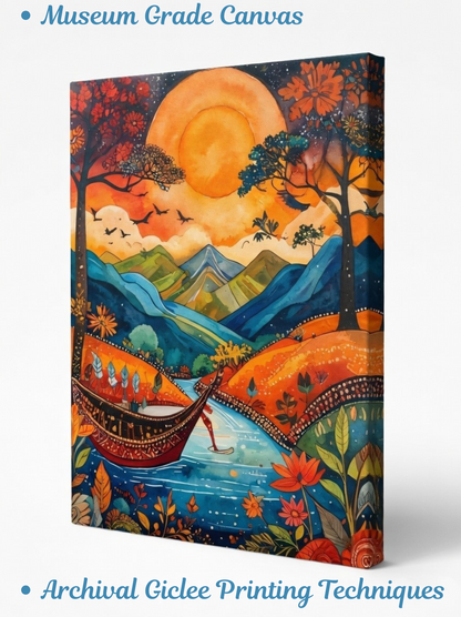 Golden Horizon: Enchanted River Journey Canvas Art