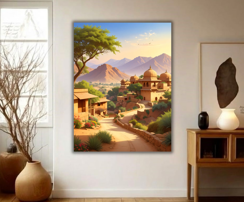 Golden Citadel: Sun-Drenched Heritage Village Canvas Art