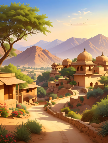 Golden Citadel: Sun-Drenched Heritage Village Canvas Art