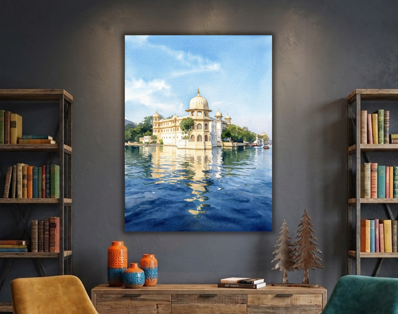 Serene Lakeside Palace – Watercolor Heritage Canvas Art