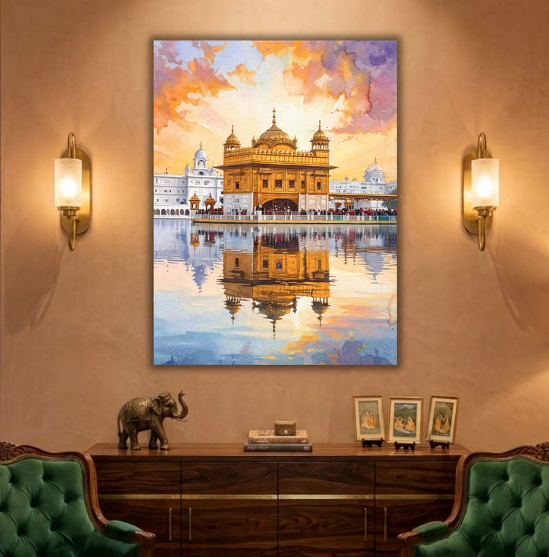 Golden Temple Sunset Glow – Watercolor Heritage Canvas Art