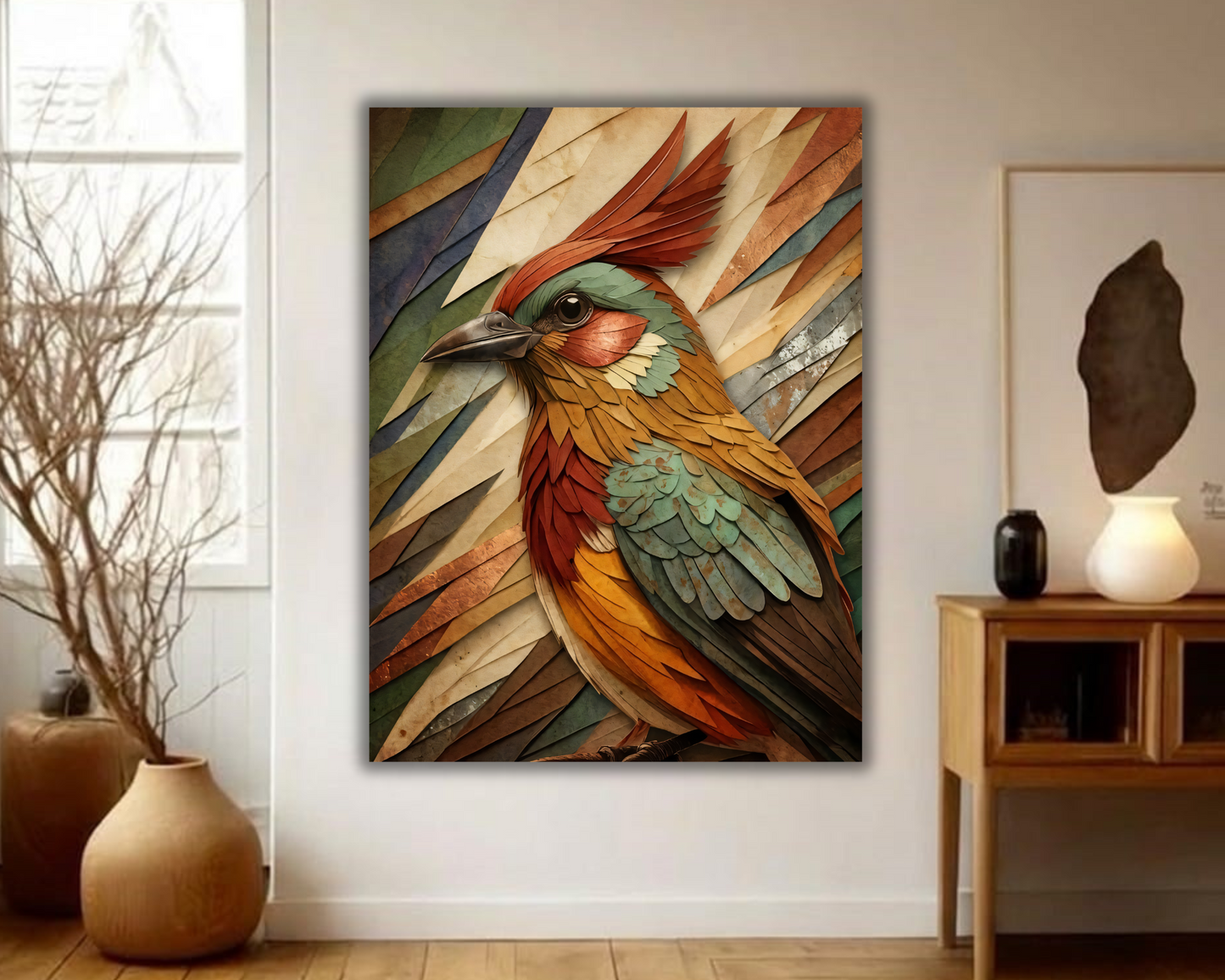 Rustic Mosaic Avian – Textured Paper-Cut Style Canvas Art