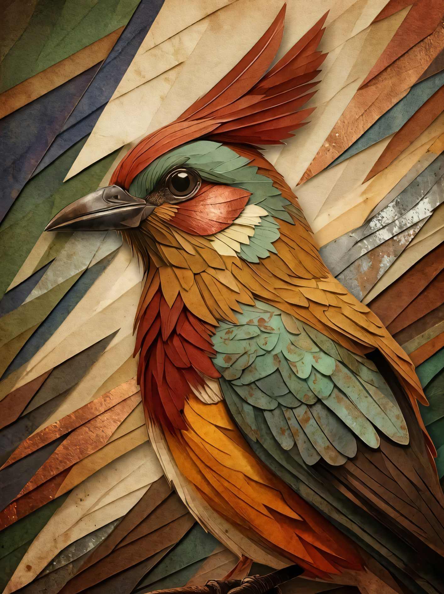 Rustic Mosaic Avian – Textured Paper-Cut Style Canvas Art