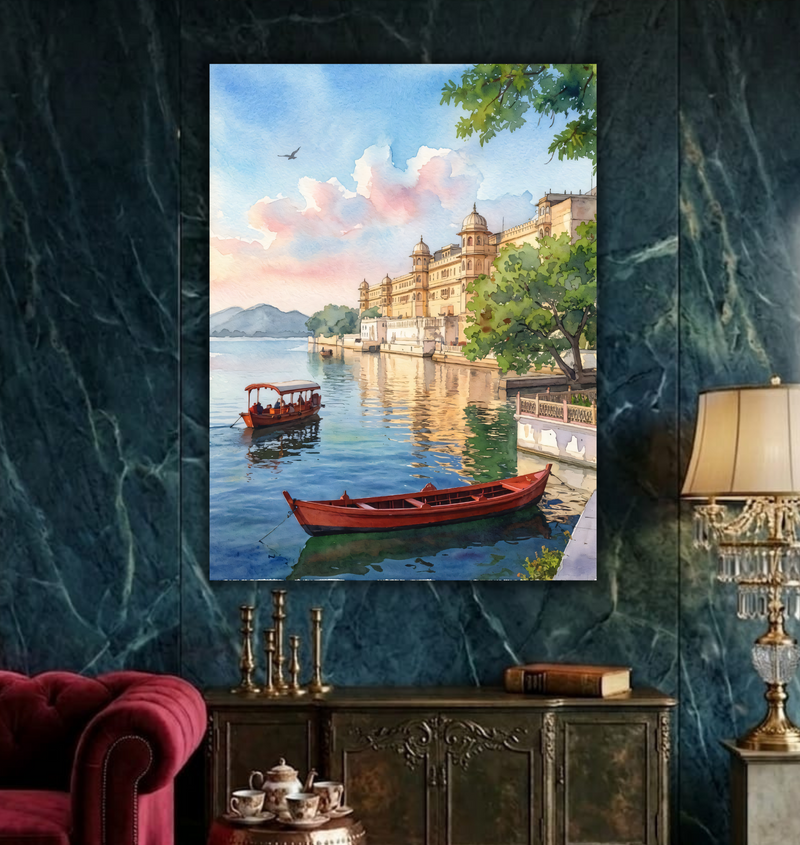 Lakeside Palace Dawn – Watercolor Heritage Canvas Art