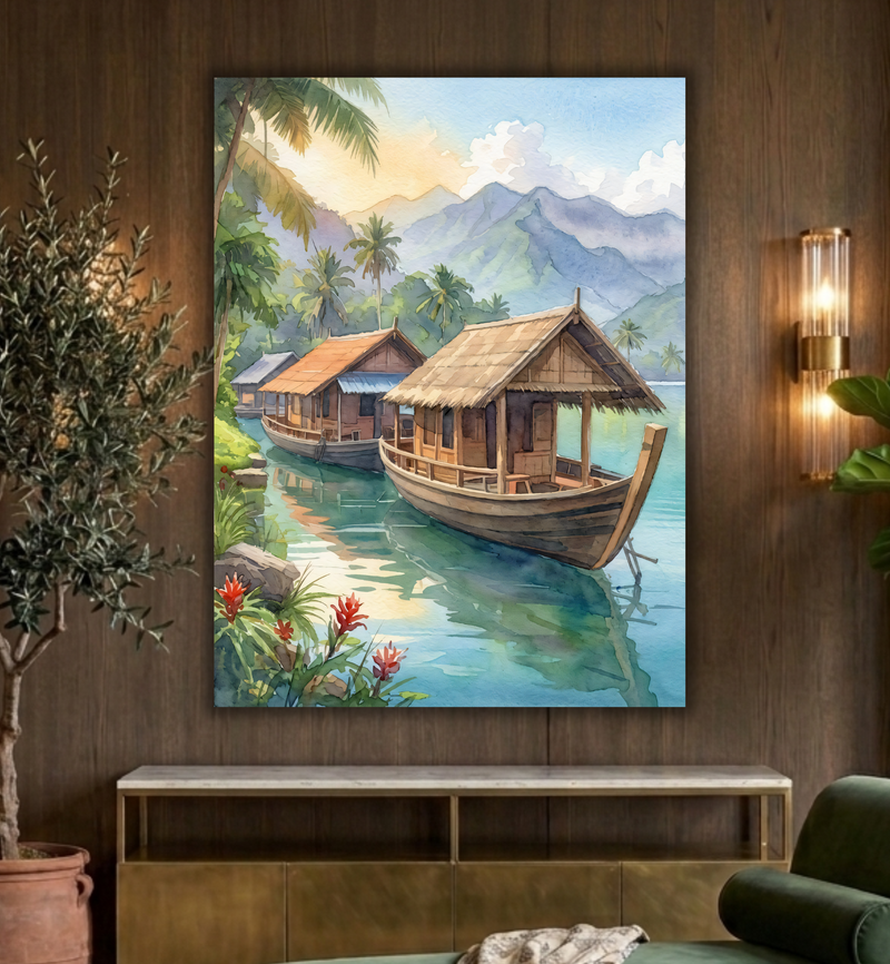 Tropical Houseboat Escape – Island Watercolor Canvas Art