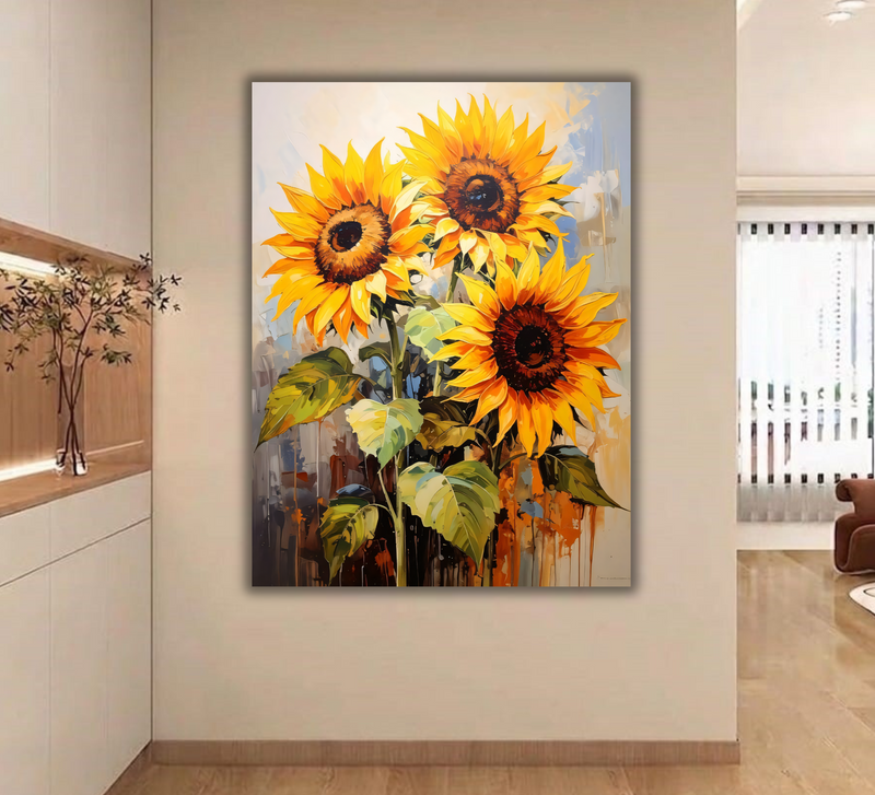 Triple Bloom: Vibrant Abstract Sunflowers Canvas Art