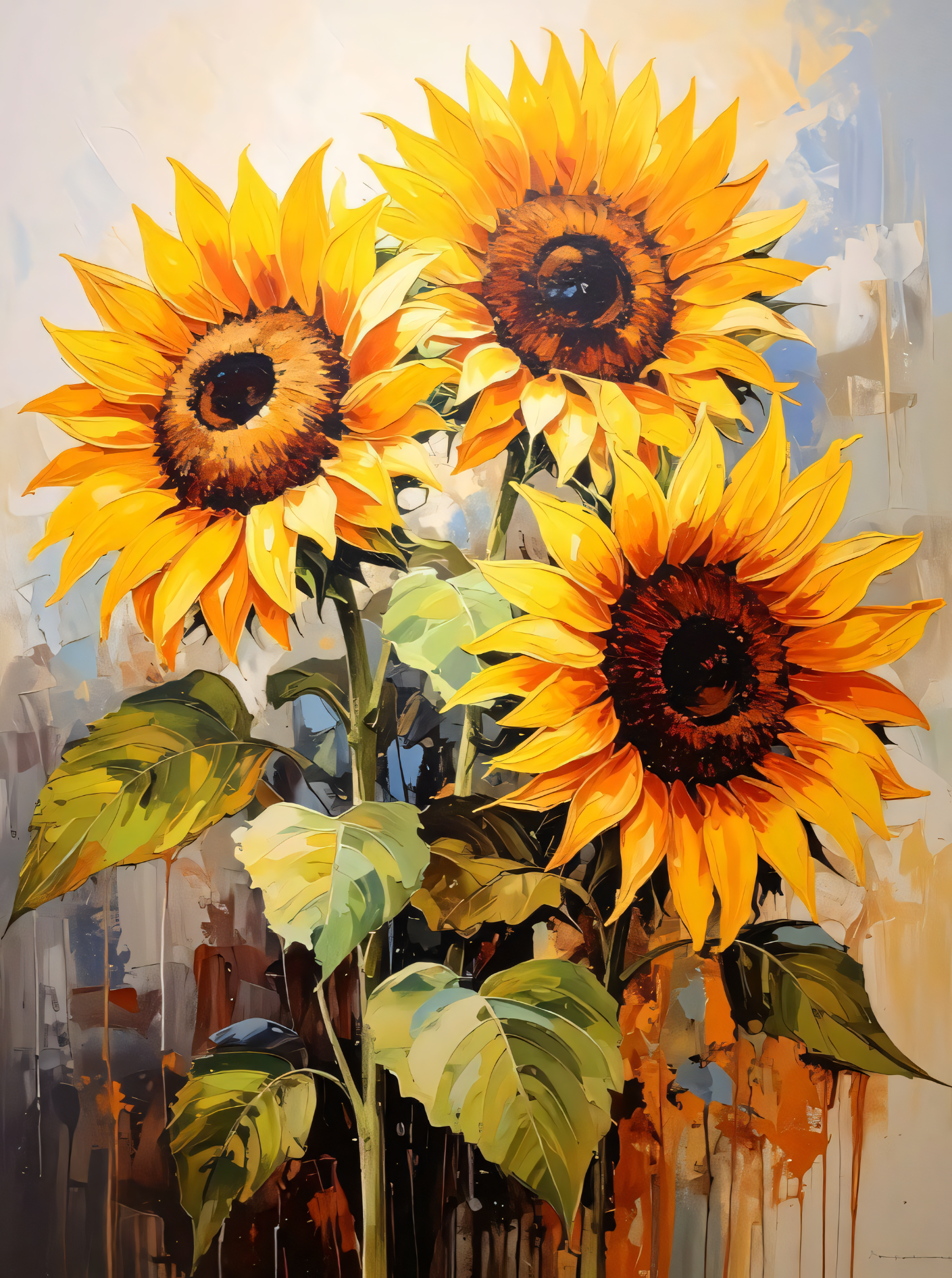 Triple Bloom: Vibrant Abstract Sunflowers Canvas Art